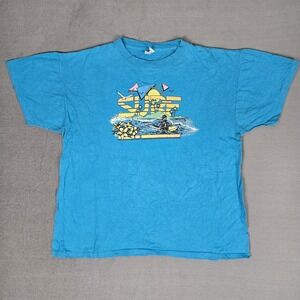 Vintage 80s T-Shirt Mens XL Cyan Blue Waves Surf California Retro Graphic USA